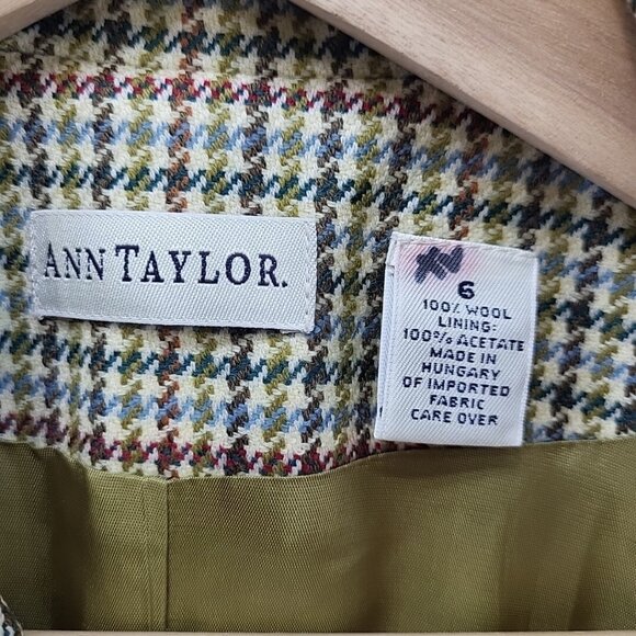 Ann Taylor Wool Blazer Jacket Houndstooth Green Plaid Sz 6 Vintage Y2K - Picture 7 of 11
